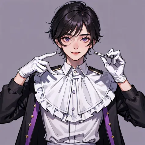 Guy 16 years old,black  hair,hair combed back without bangs,light purple eyes,endearing smile,Medieval shirt,white gloves,pale skin,top of image,portraite of a