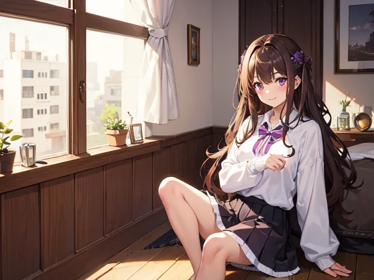 1girl, Brown long hair, Purple eyes, Whitelong skirt, 1German Shepherd, dog, sitting, laugh, happy, atmosphere, in the house, best quality, Masterpiece