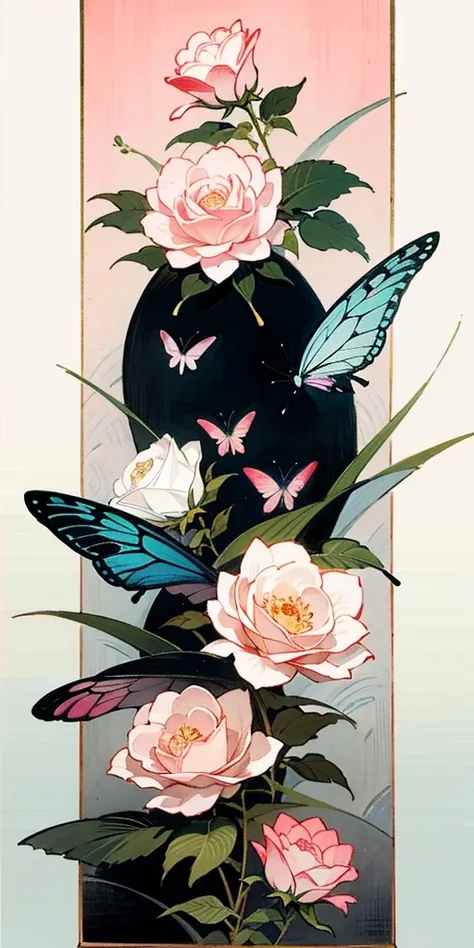 Japanese style/Japanese painting：Using traditional Japanese painting methods、pale pink and white roses、A painting in which delicate butterflies express the beauty of Japan.。