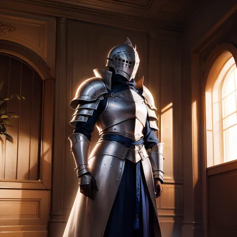 one-girl，Alone，cavalier，Wearing armor，blue fabric interior，Knights helmet，Metal helmet