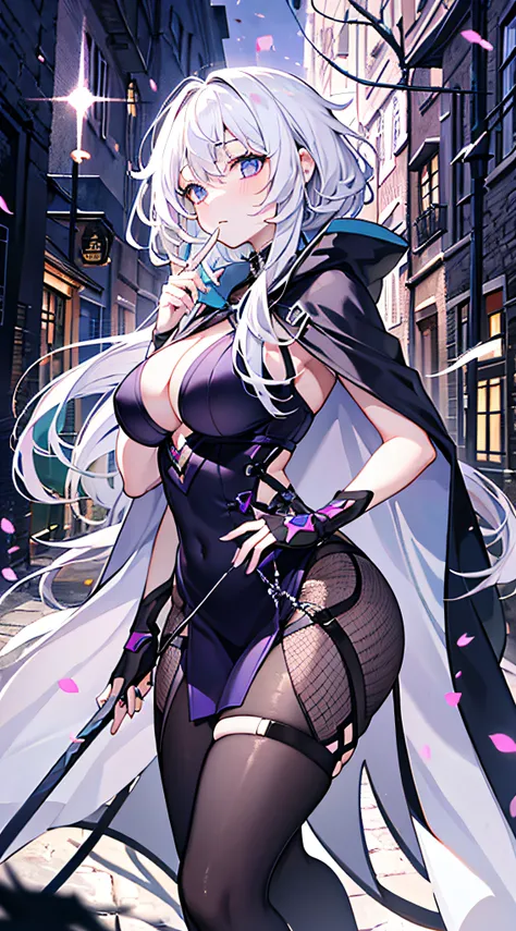 This is a girl with white hair，Dressed in a dark purple assassin costume，The legs are white and thin，Lordosis and Kyphosis，and charming，The cloak is chic and proud，overbearing，The chest is quite large，Frontal view，Walk through dark villages，Quaint and weir...