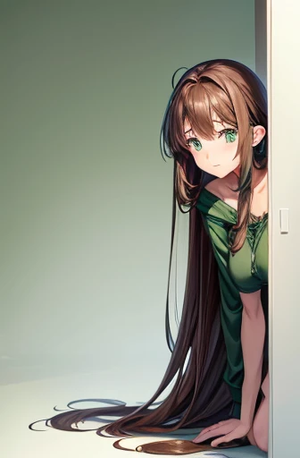 shy, long brown hair, , green eye, sexy, fullbody