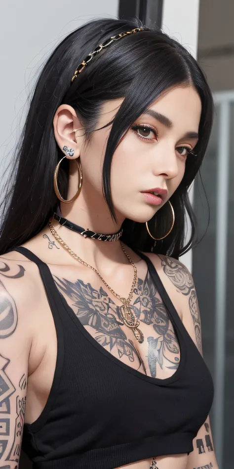 araffe tattooed woman with a black top and a chain around her neck, she is wearing a black tank top, looks like fabiula nascimento, malika favre, wearing intricate black choker, she is wearing streetwear, piercings collar, tattooed, style of flavie audi, n...