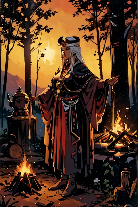 priestess performing ritual，Shes standing，Background around outdoor campfire