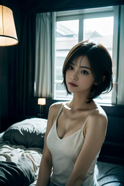 Modern room、quiet time at night、Beautiful woman resting in a sophisticated black and white room、short-haired、Beautiful Japanese actress nightgown、(realisitic、photoRealstic)