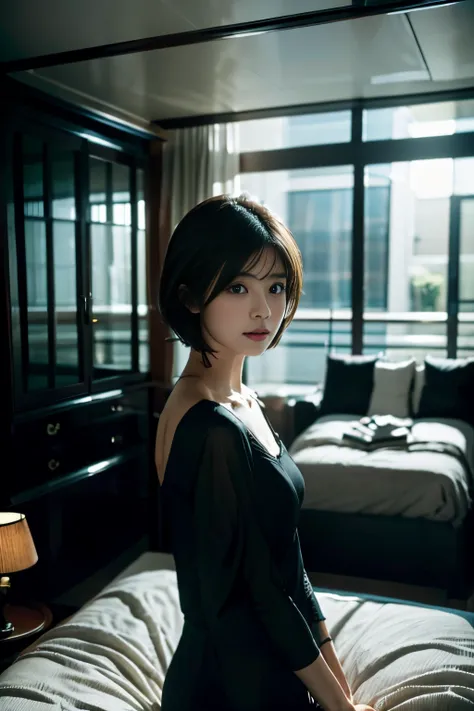 Modern room、quiet time at night、Beautiful woman resting in a sophisticated black and white room、short-haired、Beautiful Japanese actress nightgown、(realisitic、photoRealstic)