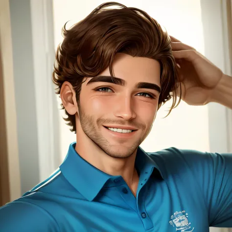 Homem loiro, cabelo castanho claro, olho azul escuro, sorriso safado, usando camisa polo, olho levemente fechado , de nome Diego.