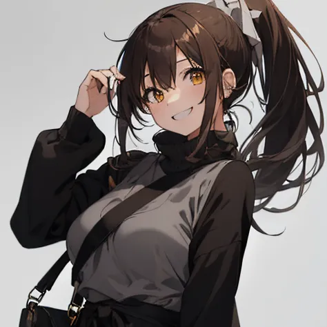 【Highest Quality, masutepiece】 [girl, Manteau, expressioness,dark orange eyes, front facing,dark brown hair,Long ponytail hair,yellow knit fabric, Upper body] (Gray white background:1.2),Very happy smile,tits out,