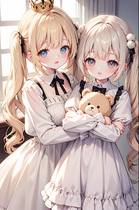 Thin blonde woman、wearing a crown、large twin tails、White and brown dress、holding a teddy bear