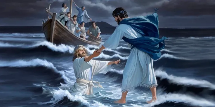 Jesus walking on water with a boat in the background, Jesus walking on water, biblical illustration, epic biblical representation, forcing him to flee, coming out of the ocean, ! holding in hand!, disembarking, god of the ocean, beautiful representation,