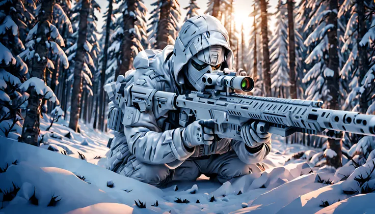 a soldier in white camouflage uniform crawls in the snow, aiming at the target with a sniper rifle. his body is covered with sno...