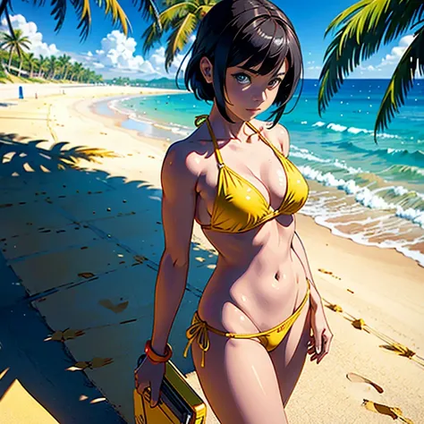 Anime girl in a yellow bikini on the beach with palm trees in the background, Swimsuit, in yellow bikini, realistic bikini, ilya kuvshinov landscape, Ilya Kuvshinov. 4 k, faye valentine, [ 4 k digital art ]!!, in beach, Very detailed ArtGerm, in beach, in ...