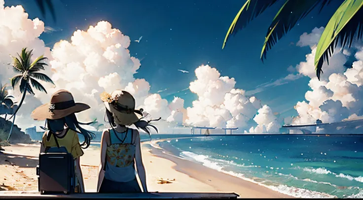 twogirls，A man wearing a yellow floral shirt and a floral hat，A person wearing a white dress sits on top of a blue suitcase，Both looked at the seaside，There are coconut trees on the beach，Awning