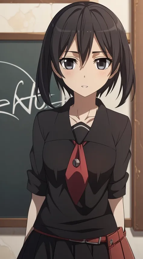 (masterpiece), best quality, expressive eyes, perfect face, kurome , black hair ,short twin ,short hair, black  eyes, medium  breasts, anime art style, official art, blushing, nervous, slightly head tilt, slit look away from the camera, ((school uniform bl...