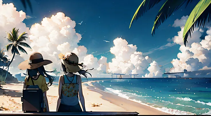 twogirls，Man wearing yellow floral shirt and floral hat，A person in a white dress sits on top of a blue suitcase，Both looked towards the seaside，There are coconut trees on the beach，shelves