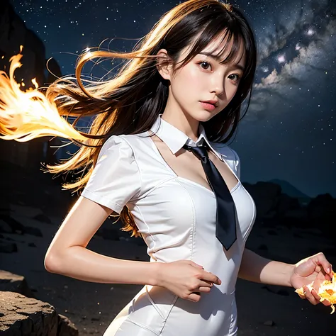 (masutepiece, Best Quality:1.2), 8K, Official art, Wearing a suit、Five Fingers、Full body photo, full body Esbian、Suit Beauty、Big Dipper in the background、star explosion、Beautiful barefoot woman with dark hair, hold a flame in your right hand、i&#39;I&#39;m ...