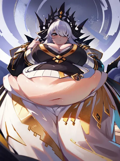 (masterpiece, best quality:1.3)
Obese SmiteNox, Obese 1girl, covered eyes, white hair, from behind high detail, digital painting, Pixiv, Artstation, High contrast, dramatic lighting, obese sharp focus