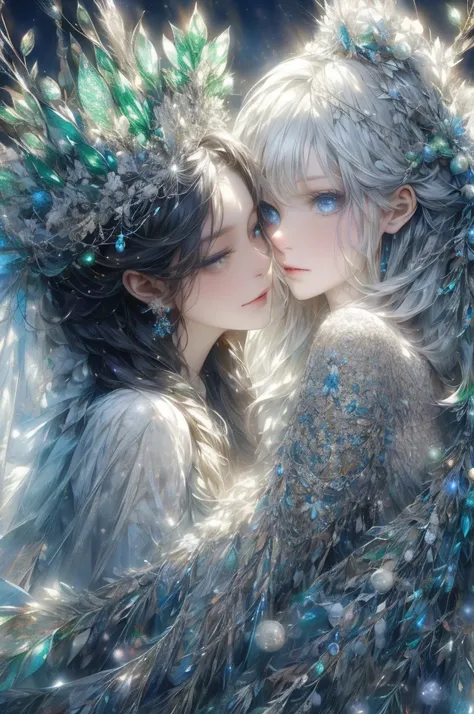 two people with light shining eyes dressed for christmas are shown wearing sparkly makeup, in the style of ambient sculptures, floralpunk, carnivalcore, luminous skies, philip treacy, 32k uhd, radiant clusters --ar 3:4 --s 50 --style cute