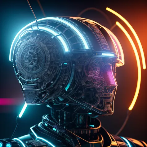 (a robot head),mechanical details,advanced technology,wires and circuits,neural interface connections,glowing led lights,integra...