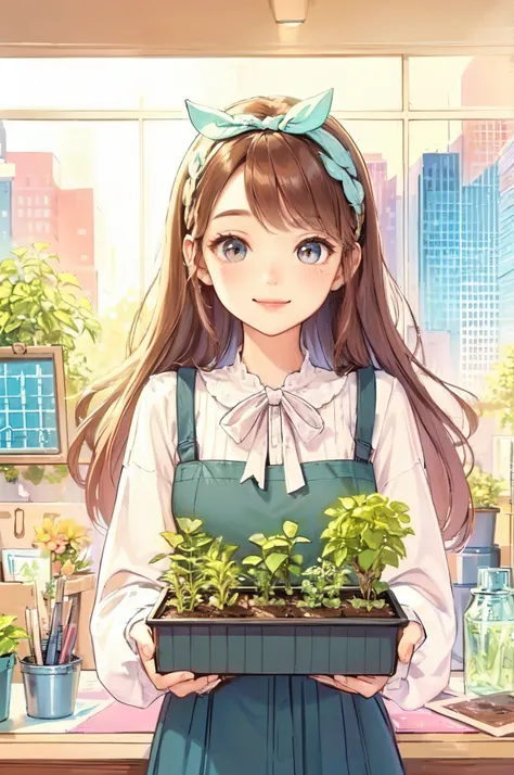 1lady solo, /(stylish outfit/), mature female, /(brown hair/) bangs, blush kind smile, (eyes sparkling with excitement), (masterpiece best quality:1.2) delicate illustration ultra-detailed, large breasts BREAK (holding a tray with plants) BREAK (plant labo...