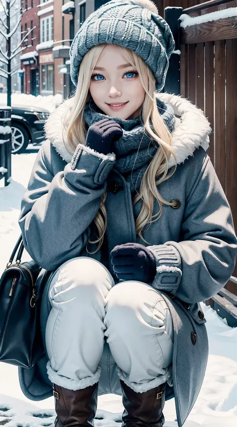 25-year-old Caucasian woman、platinum-blonde、blue eyess、Semi-long、My hair is wavy、a smile、My abs are cracked、a smile、slim muscular body、I don&#39;t want my head to disappear from the screen.、Wearing a duffel coat、wearing mitten gloves、I&#39;m in a snowy tow...