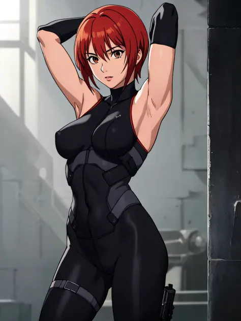 reginadc, regina, dino crisis, 1girl, female, athletic woman, showing armpits, raised arms, arms up, arms behind head, posing, s...