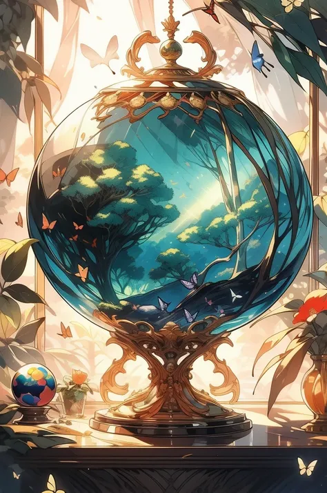 (masterpiece),(best quality:1.0), (ultra highres,), detailed, a glass ball with a tree inside of it, digital art, cg society contest winner, butterflies and sunrays, concept art design illustration, beautiful digital illustration, closed ecosystem