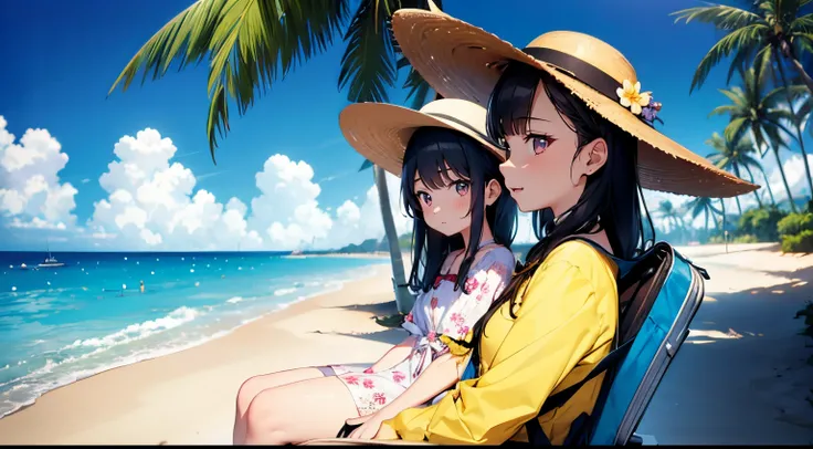 twogirls，A man wearing a yellow floral shirt and a floral hat，A person wearing a white dress sits on top of a blue suitcase，Both looked at the seaside，There are coconut trees on the beach，Awning