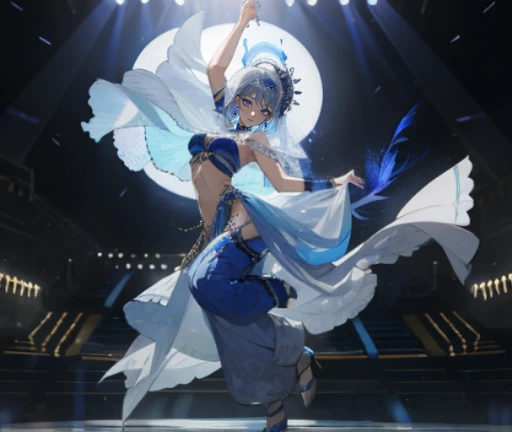 (Top resolution),1womanl,Anime, eyes light blue and blue,odd eye,Delicate eyes,gray hair,Blue Mesh,big bob hair,dancer,Harlem pants,indigo face veil,The background is the stage,Dancing on stage,the original god,Freena