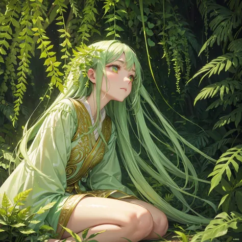 8K, Best quality at best, tmasterpiece, 超高分辨率, (plant girl，Clothing covered with vines，Surrounded by super mini ferns，Beautiful psychedelic light and shadow，light green white tone，glowing golden eyes，fern)，Beautiful Eyes and Face Details, (Sitting on the s...