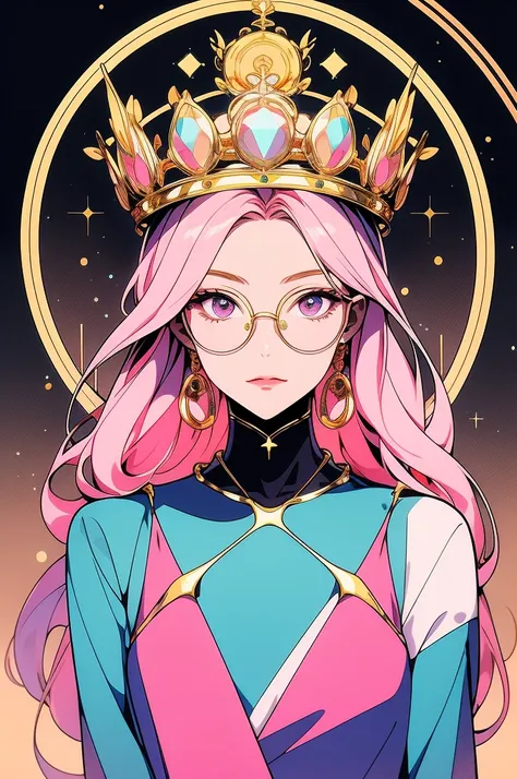 a girl with pink hair in a gold circle crown wears glasses, in the style of futuristic digital art, faceted shapes, anime aesthetic, shiny/glossy, meticulous design, pastel hues, heavy shading --ar 117:128 --s 50