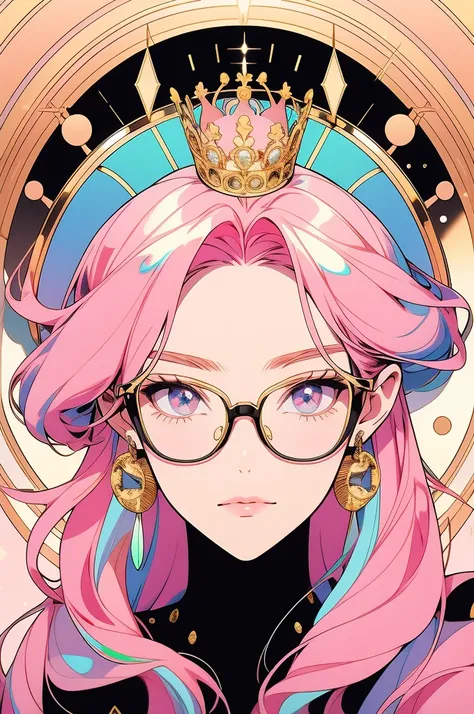 a girl with pink hair in a gold circle crown wears glasses, in the style of futuristic digital art, faceted shapes, anime aesthetic, shiny/glossy, meticulous design, pastel hues, heavy shading --ar 117:128 --s 50