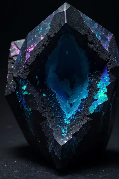 unusual mineral, gradient, dark blue, slightly pink in places, slightly purple, black, glossy, geoid, rough corners, texture, beautiful on black, slightly glowing from inside, hyperrealism, hd, realism, Black Opal Lighting Ridge, fluorite, Burma tourmaline...