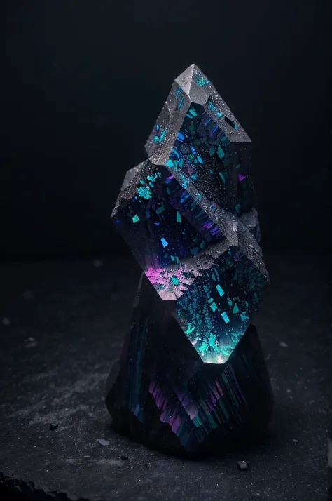 unusual mineral, gradient, dark blue, slightly pink in places, slightly purple, black, glossy, geoid, rough corners, texture, beautiful on black, slightly glowing from inside, hyperrealism, hd, realism, Black Opal Lighting Ridge, fluorite, Burma tourmaline...