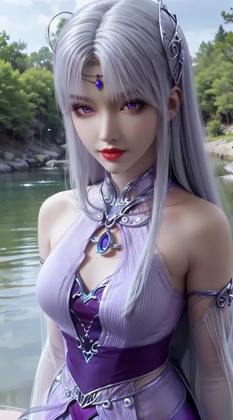 （purple silver）colours，（whiter），（less purple），neck collar skirt，sitting in the creek，（seven-doppelganger portrait）closeup of fac...