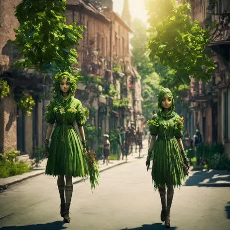 anthropomorphic (anthropoid) female plant walking down the street of a small town, anthropomorphic plant girl, beautiful green face woven from stems, thin green threads of hair are disheveled and on these threads there are predatory flowers, Fantastic, unr...