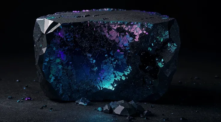 unusual mineral, gradient, dark blue, slightly pink in places, slightly purple, black, glossy, geoid, rough corners, texture, beautiful on black, slightly glowing from inside, hyperrealism, hd, realism, Black Opal Lighting Ridge, fluorite, Burma tourmaline...