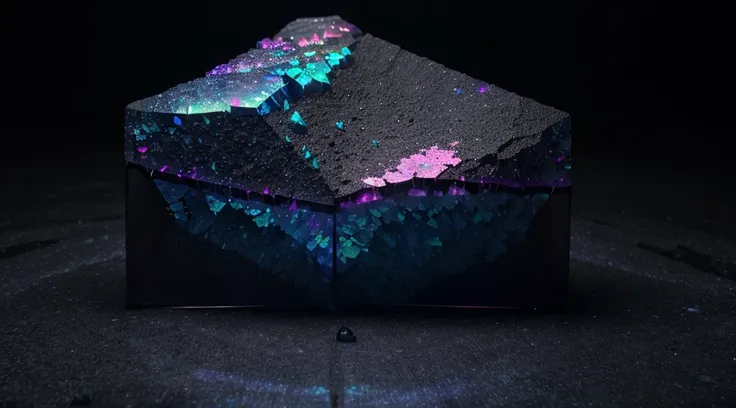 unusual mineral, gradient, dark blue, slightly pink in places, slightly purple, black, glossy, geoid, rough corners, texture, beautiful on black, slightly glowing from inside, hyperrealism, hd, realism, Black Opal Lighting Ridge, fluorite, Burma tourmaline...