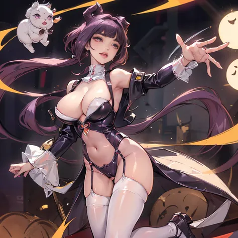 A girl, succubus, Symmetrical sheeps horn, Purple hair, Red lipstick, A beautiful and delicate face, Pornographic underwear(rubber-clothing:1.3), latex-stockings, The devils tail., Spread your legs., (camel toe, cameltoe, vulvashaped:1.2)，(NSFW:0.5), The b...