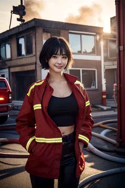 short-haired、Jacket wearing、Non-revealing clothing、a smile、red firefighter、, Beautie、cute little、Building on fire in the background、the morning sun、Professional Photography、The whole body is shown、30-year-old woman with、slim figure、large full breasts、Beaut...