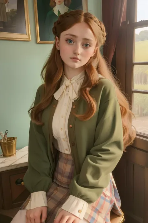 2020, London. Pre-raphaelite 18-year-old Ella Purnell, country house, ((((casual clothing from the 2020s)))), ((Hairstyle of the 2020s)), ((Wes Anderson cinematic style)), colorful