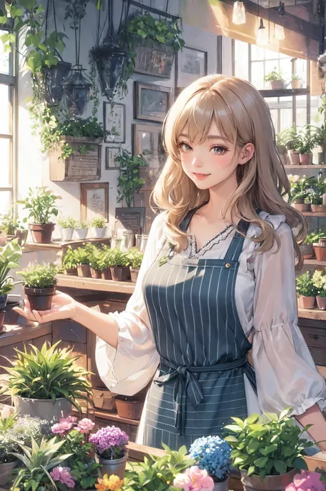 1lady solo, /(stylish outfit/) apron, mature female, /(light hair/) bangs, blush kind smile, (eyes sparkling with excitement), (masterpiece best quality:1.2) delicate illustration ultra-detailed, large breasts BREAK (holding a small plant pots) BREAK (fash...