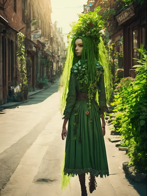 anthropomorphic (anthropoid) female plant walking down the street of a small town, anthropomorphic plant girl, beautiful green face woven from stems, thin green threads of hair are disheveled and on these threads there are predatory flowers, Fantastic, unr...