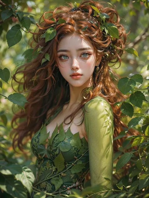 (masterpiece, best quality), super detail, highres, photorealistic, 8K, HD, 1girl, long hair, detailed eyes, detailed lips, detailed face, theme park, summers vibes, Poison Ivy costume, green dress, vines and leaves, intricate and ornate leaf patterns, mor...