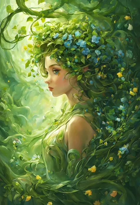 More fantasy, exquisite, sci-fi, beautiful plant girl with green vine flowers curled on her head，Beautiful fantasy, magical mist, and colorful flowers blooming in every corner，Like a beautiful picture，Works of film masters and artists