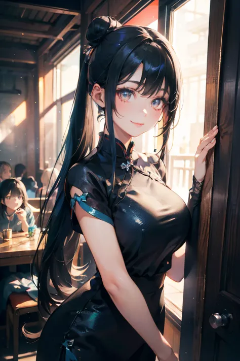 a 20 yo woman、Black blue Hair、poneyTail、Bun hair、Big smile、Iridescent eyes、(hi-top fade:1.3)、dark themed、Muted Tones、Subdued Color、highly contrast、qipao dress、(natural skin textures、Hyper-Realism、Soft light、sharp)