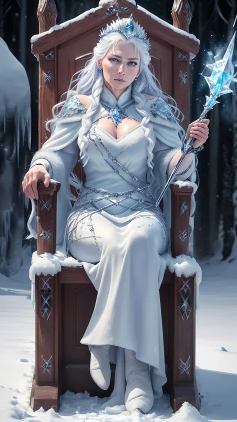 (best quality,4k,8k,highres,masterpiece:1.2),ultra-detailed,(realistic,photorealistic,photo-realistic:1.37),cold face expression, great power, icy staff, strong face, full body, throne made of ice, sitting on the throne, snowy surroundings, Ice Queen, snow...