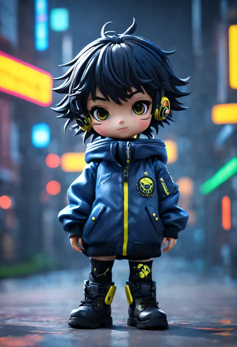 blind box type little boy ip image，designs，shy face，wear a cool blazer，chibi，wearing martin boots with a gun，earphone，full body ...