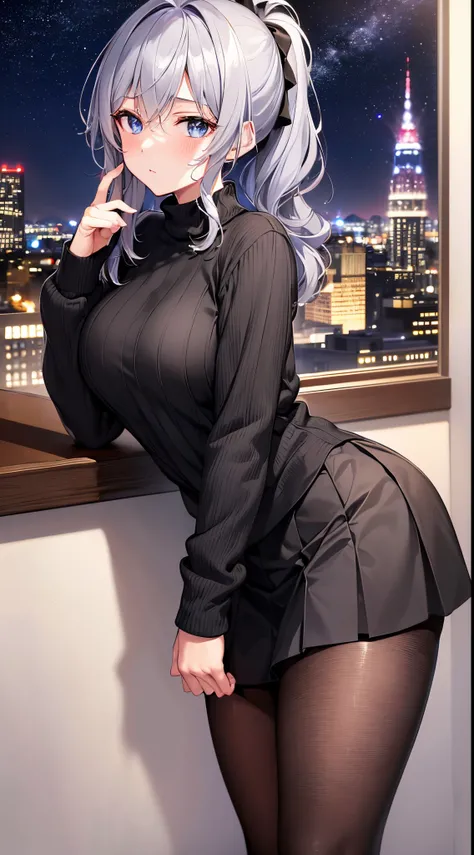 masterpiece,best quality, incredibly_absurdres, original, night, stars, milky way, beautiful detailed sky, cityscape,mature woman, gray hair, french ponytails, light blush, dark blue eyes, red ribbed sweater, black pleated_skirt, black pantyhose, looking a...