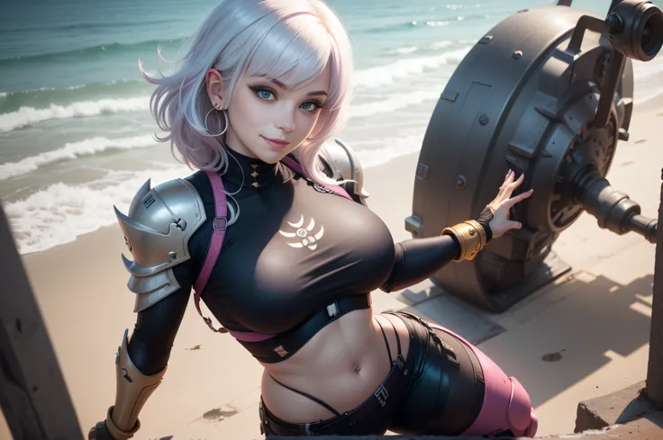 gwen tennyson,yshtola rhul,yorha 2b, 1girl,atelier ryza,overwatch,close up, mecha pilot,ocean view,tattoos,pink and silver plugsuit,white short sleeve lycra top,steel cargo pants,uncovered belly,short saiyan hair,cute makeup,green eyes,dimensional golden h...